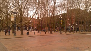 Occidental Park in Pioneer Square.  Here the homeless often gather under the shadow of the much-needed $430-million Centurylink Field, home of the Centurylink Seahawks.
